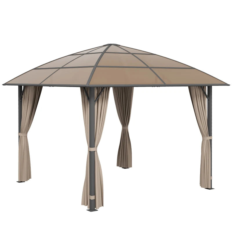 10' x 10' PC Aluminum Hardtop / Steel Frame Gazebo Canopy Outdoor Shade Patio, Curtains, Brown