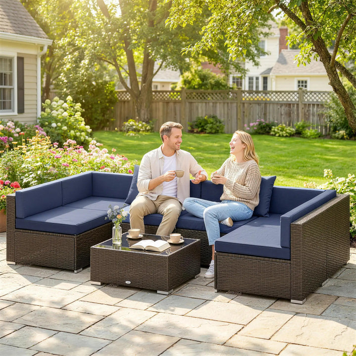 7pc PE Rattan Wicker Sectional Conversation Furniture Set w/ Cushions Outdoor Patio - Dark Navy Blue