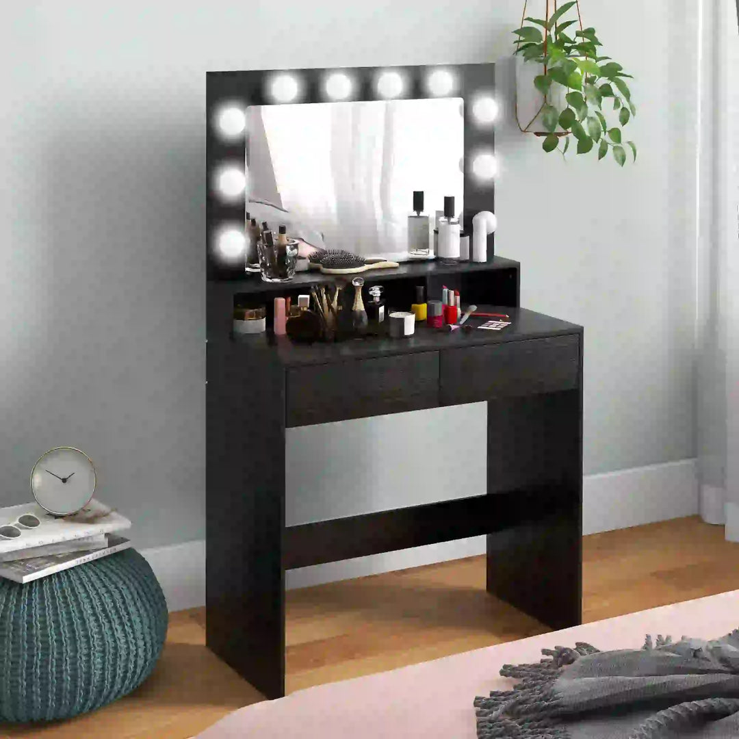 Vanity Table Makeup Dressing Table with LED Lighting Mirror - Adjustable Lighting and Storage