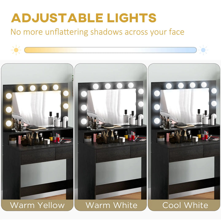 Vanity Table Makeup Dressing Table with LED Lighting Mirror - Adjustable Lighting and Storage