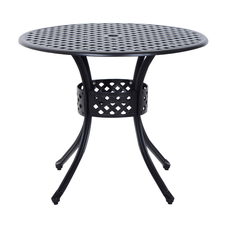 33" Round Cast Aluminum Bistro Dining Accent Table w/ Umbrella Hole Outdoor Patio Garden, Black