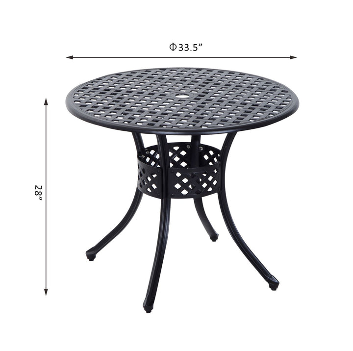 33" Round Cast Aluminum Bistro Dining Accent Table w/ Umbrella Hole Outdoor Patio Garden, Black