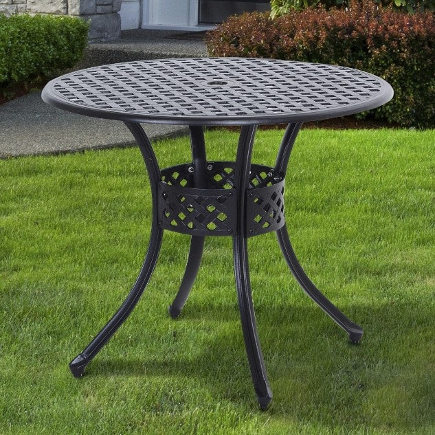 33" Round Cast Aluminum Bistro Dining Accent Table w/ Umbrella Hole Outdoor Patio Garden, Black