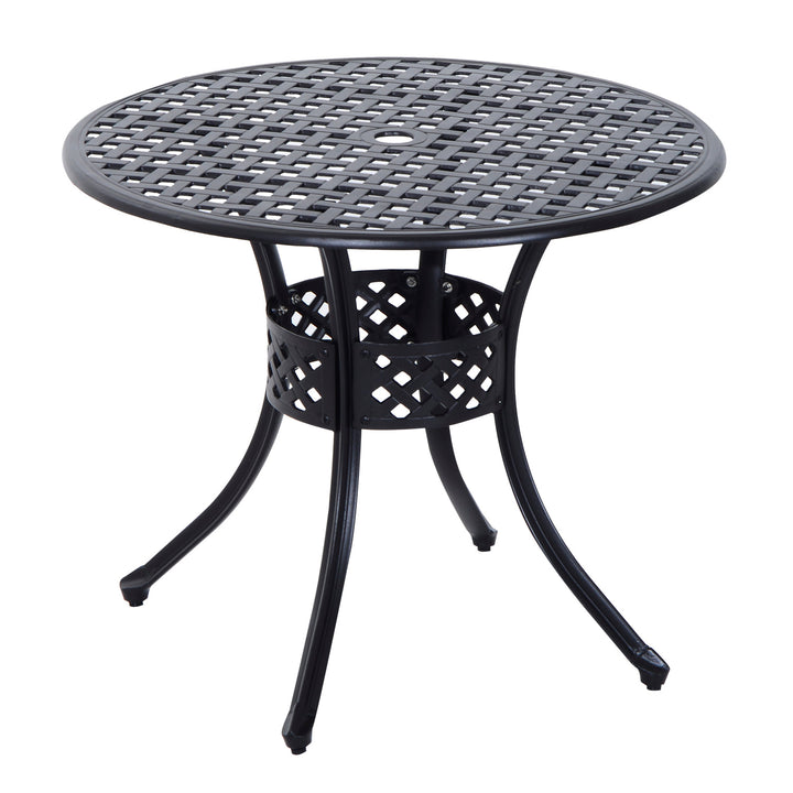 33" Round Cast Aluminum Bistro Dining Accent Table w/ Umbrella Hole Outdoor Patio Garden, Black