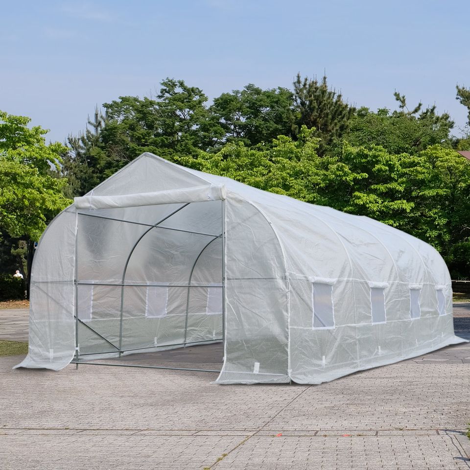 19.5' x 10' x 7' Large Heavy Duty Walk-in Tunnel Greenhouse w Door Windows Outdoor Garden White