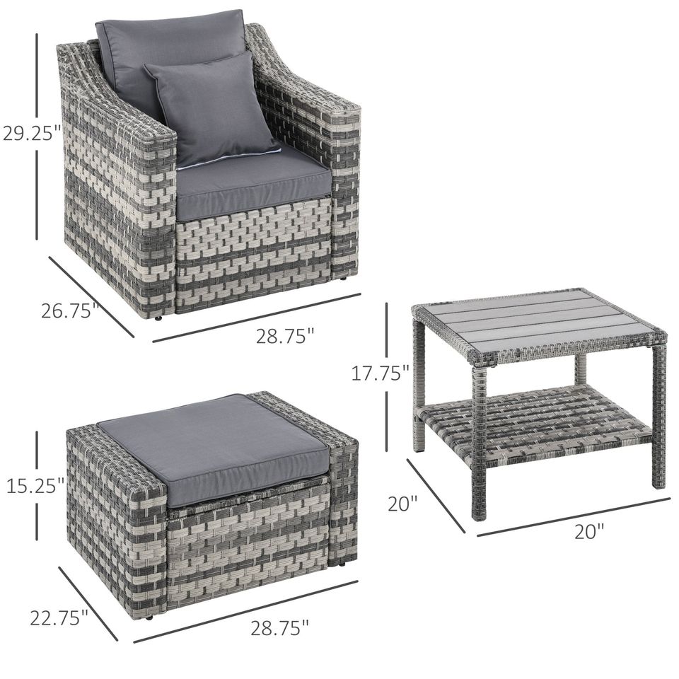 Outdoor 5PC Rattan Wicker Patio Lounge Bistro Set w/ Chairs Footstools Table & Cushions - Grey