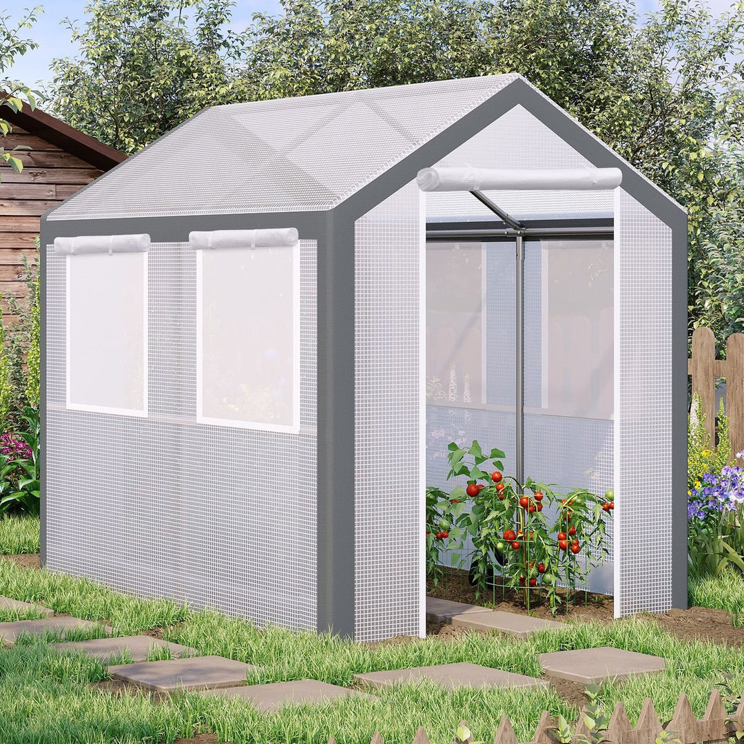 8' x 6' x 7.4' Walk-in Greenhouse w 2 Roll Up Doors Windows, Outdoor Garden Plants, White, Grey