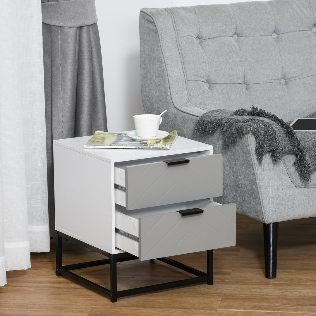 Modern Nightstand/End Table with 2 Drawers - White & Grey