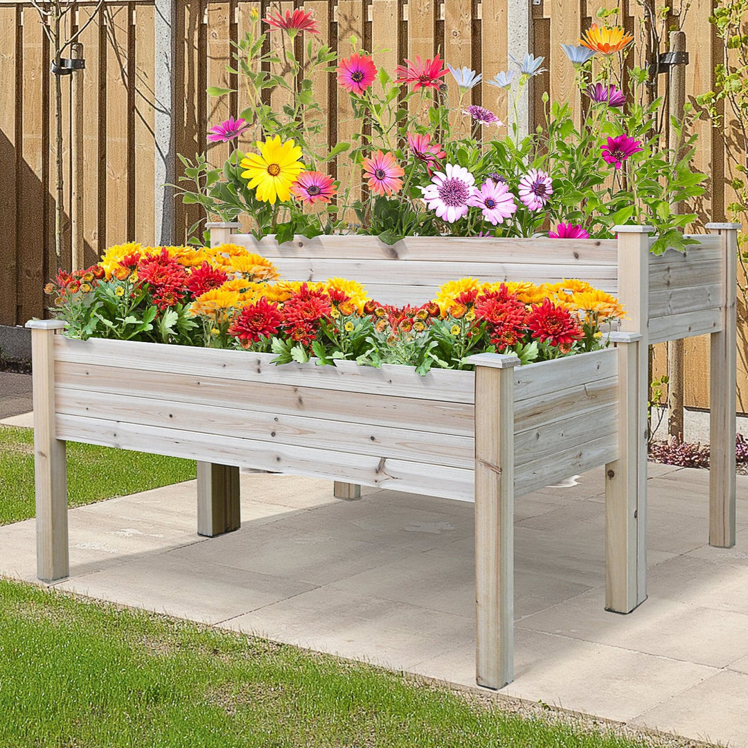 2 Tier Raised Wooden Garden Planter Box Flower Veggie Bed w/ Drainage, Legs - Natural Fir