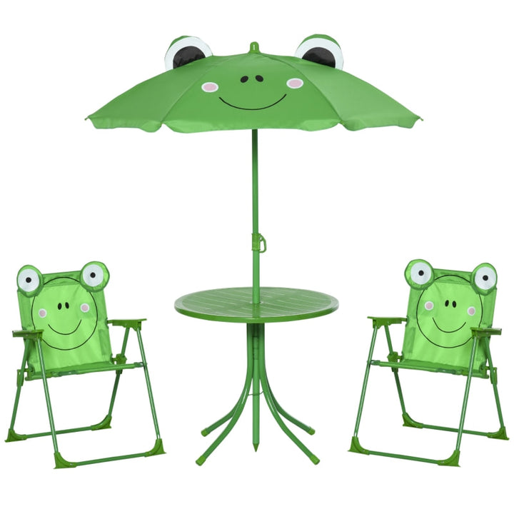 Kids Outdoor Picnic Dining Table w/ 2 Folding Chairs, Umbrella, Patio Deck Garden, Green Frog