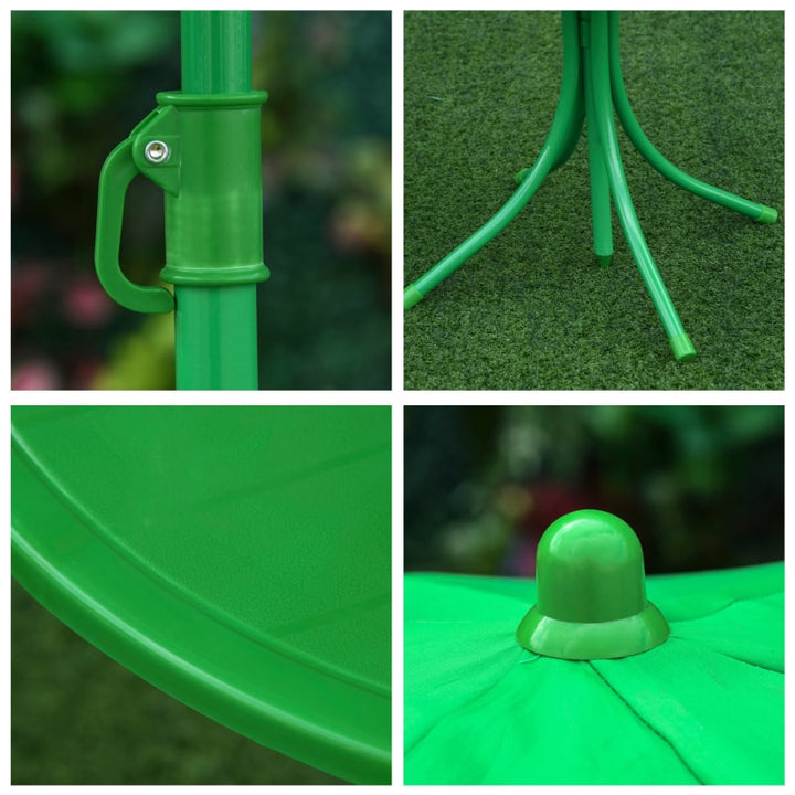 Kids Outdoor Picnic Dining Table w/ 2 Folding Chairs, Umbrella, Patio Deck Garden, Green Frog