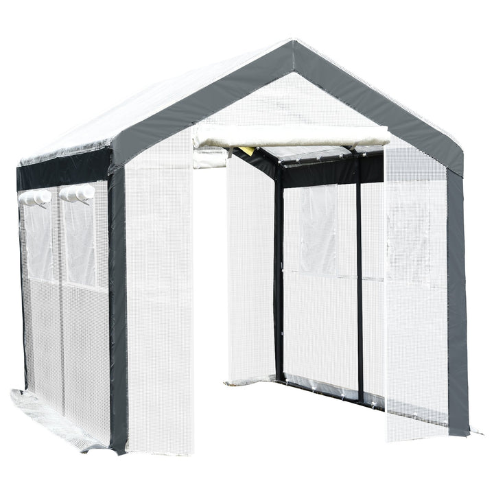 9.8' x 6.5' x 7.2' Walk-in Greenhouse w 2 Roll Up Doors Windows, Outdoor Garden Plants, White
