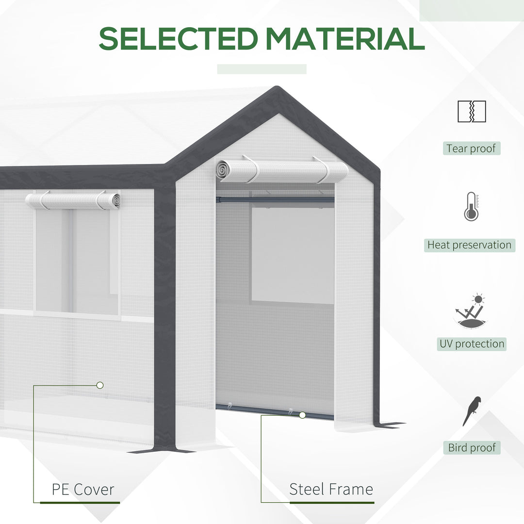 9.8' x 6.5' x 7.2' Walk-in Greenhouse w 2 Roll Up Doors Windows, Outdoor Garden Plants, White