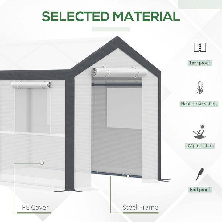 9.8' x 6.5' x 7.2' Walk-in Greenhouse w 2 Roll Up Doors Windows, Outdoor Garden Plants, White