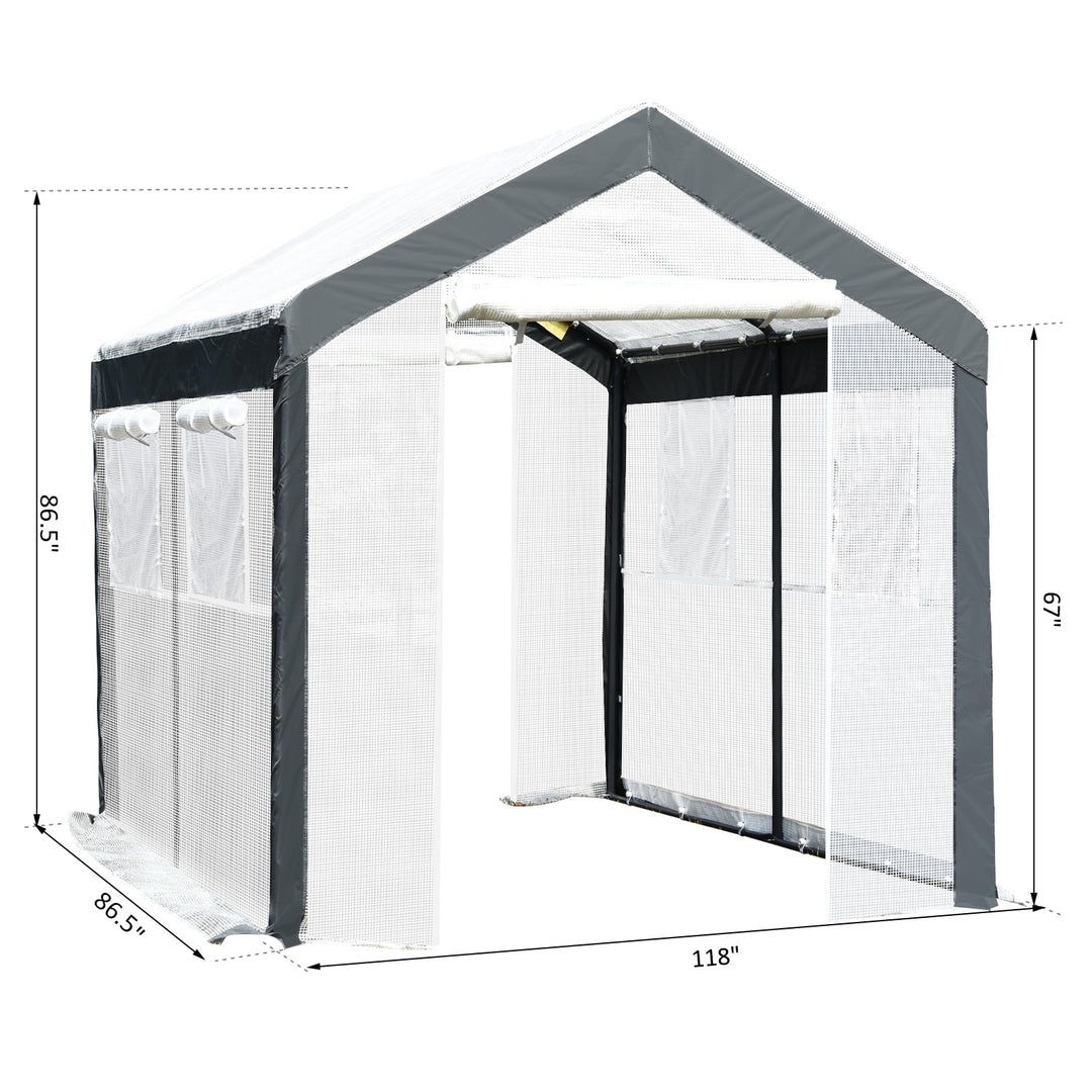 9.8' x 6.5' x 7.2' Walk-in Greenhouse w 2 Roll Up Doors Windows, Outdoor Garden Plants, White