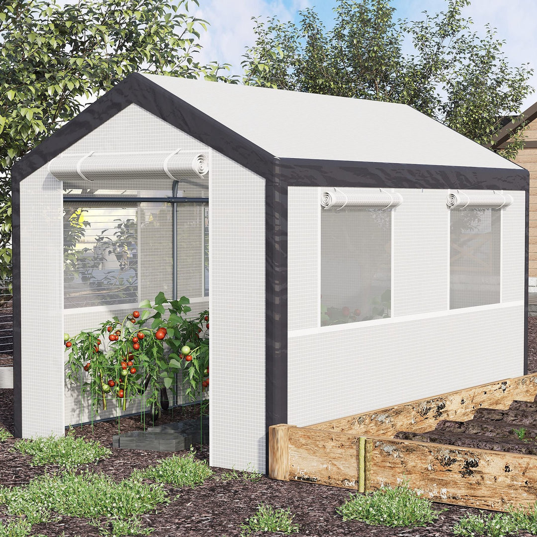 9.8' x 6.5' x 7.2' Walk-in Greenhouse w 2 Roll Up Doors Windows, Outdoor Garden Plants, White