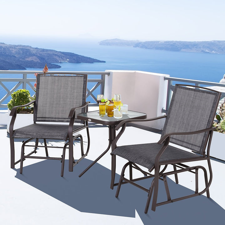 3pc Rocker Glider Bistro Seat Chairs w Table for Patio Backyard Garden Deck Porch, Brown & Grey