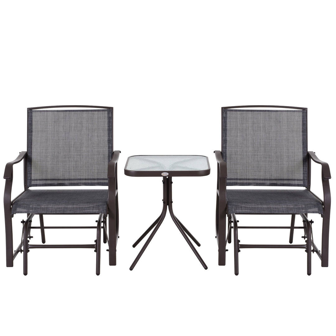 3pc Rocker Glider Bistro Seat Chairs w Table for Patio Backyard Garden Deck Porch, Brown & Grey
