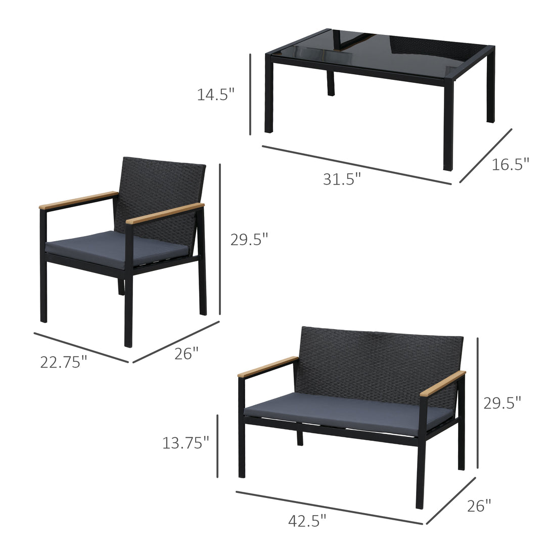 4pc PE Rattan Wicker Conversation Furniture Set w/ Low-Profile Cushions, Outdoor Patio - Black