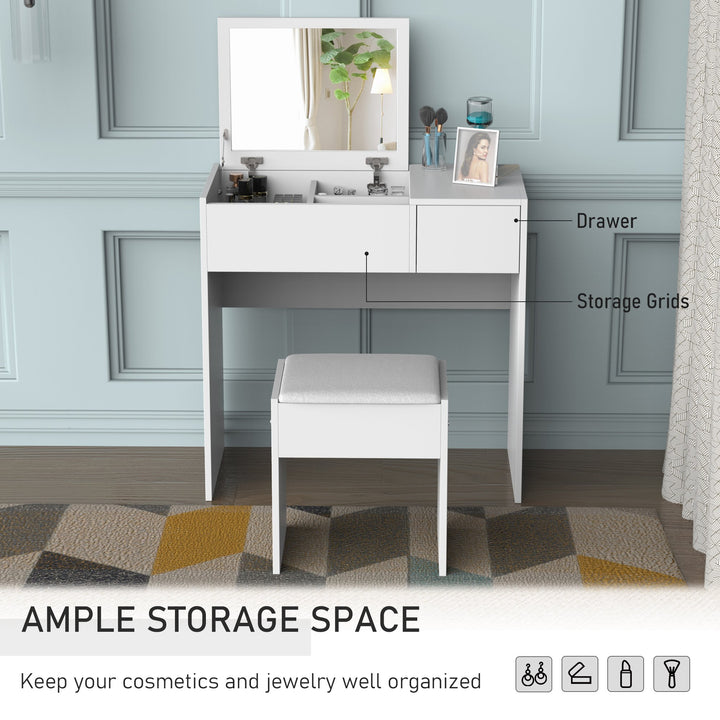 Mirrored Flip-Top Vanity Table w/ Stool - White