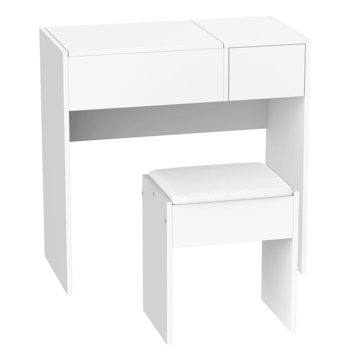 Mirrored Flip-Top Vanity Table w/ Stool - White