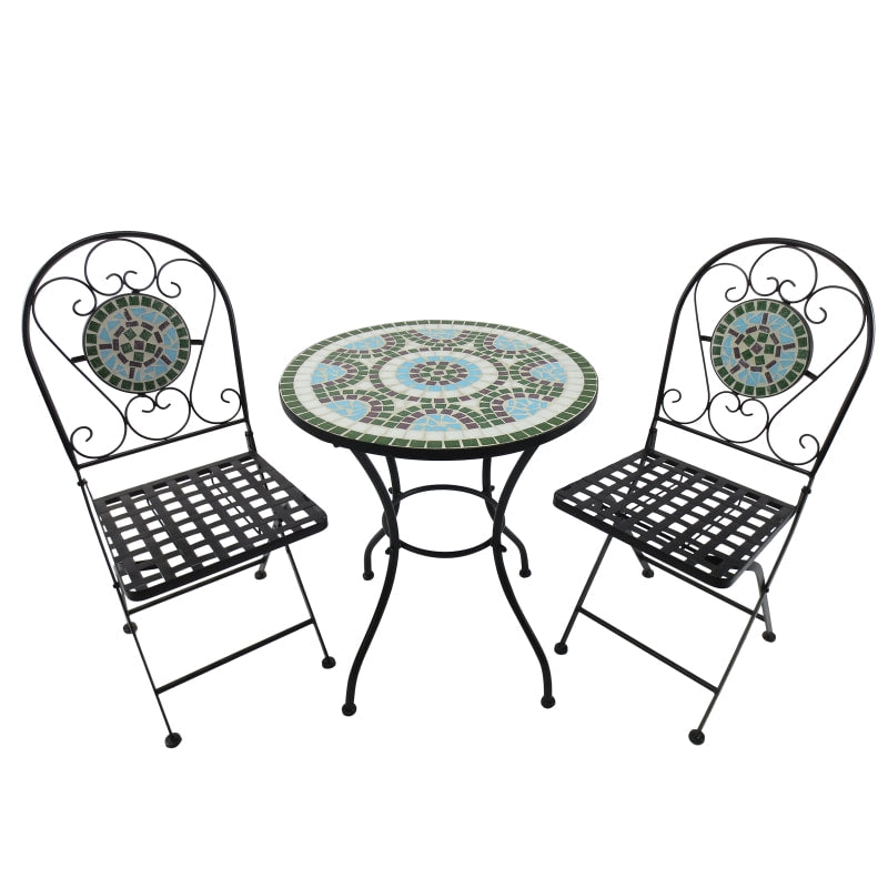 3pc Metal Bistro Set w/ Mosaic Stone, Folding Chairs for Patio Deck Cafe Balcony Porch - Black