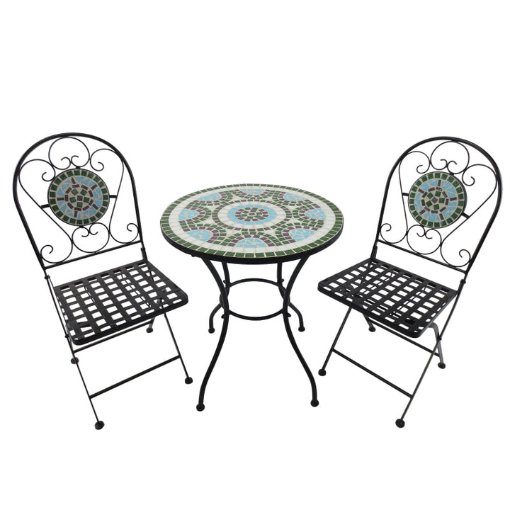 3pc Metal Bistro Set w/ Mosaic Stone, Folding Chairs for Patio Deck Cafe Balcony Porch - Black