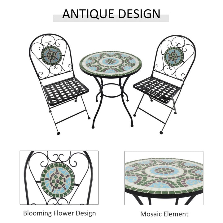 3pc Metal Bistro Set w/ Mosaic Stone, Folding Chairs for Patio Deck Cafe Balcony Porch - Black