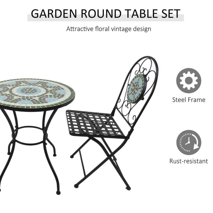3pc Metal Bistro Set w/ Mosaic Stone, Folding Chairs for Patio Deck Cafe Balcony Porch - Black