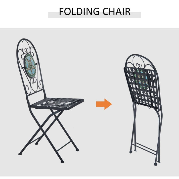 3pc Metal Bistro Set w/ Mosaic Stone, Folding Chairs for Patio Deck Cafe Balcony Porch - Black