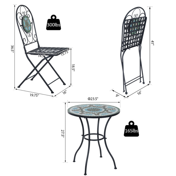3pc Metal Bistro Set w/ Mosaic Stone, Folding Chairs for Patio Deck Cafe Balcony Porch - Black