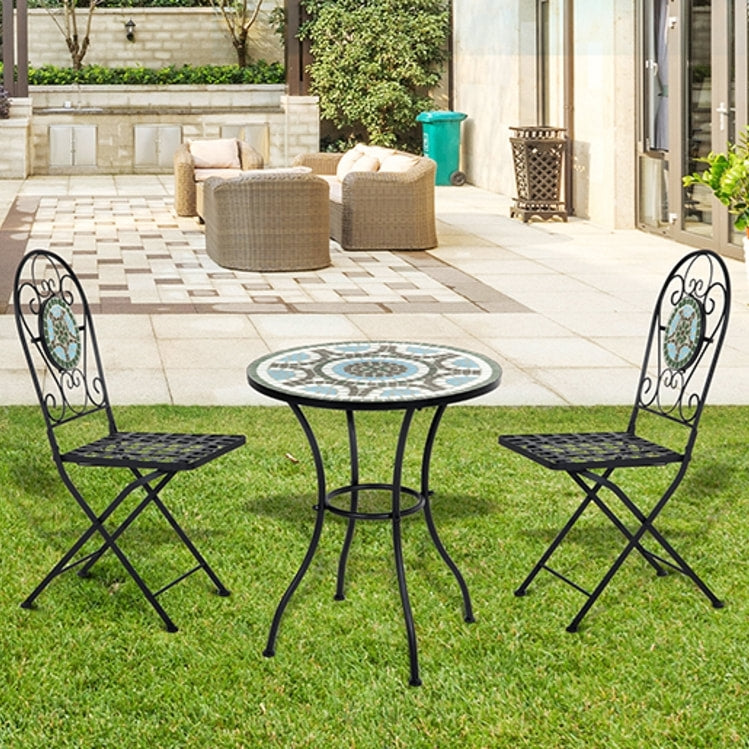 3pc Metal Bistro Set w/ Mosaic Stone, Folding Chairs for Patio Deck Cafe Balcony Porch - Black