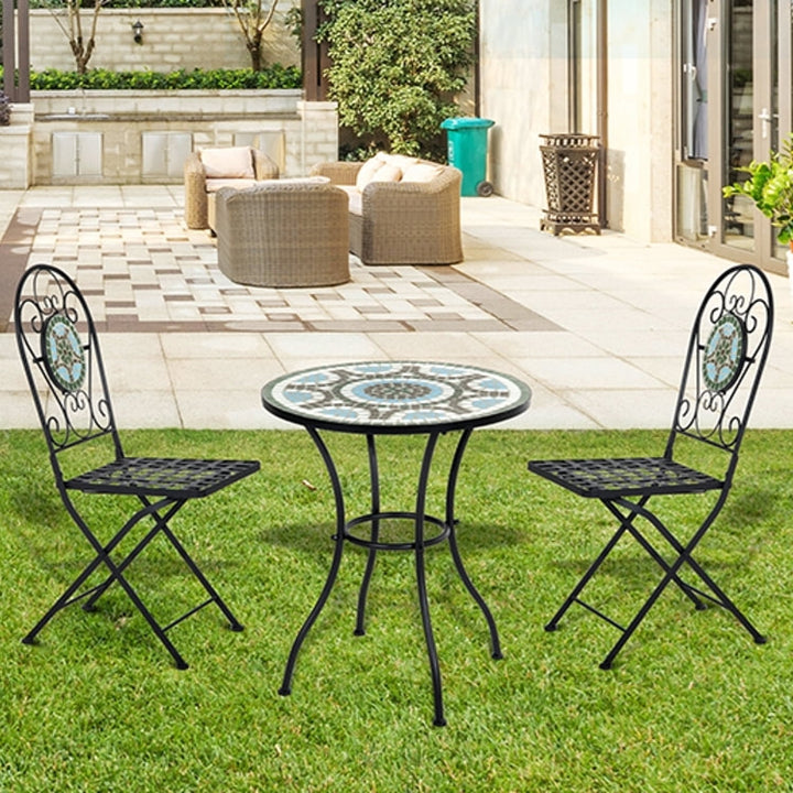 3pc Metal Bistro Set w/ Mosaic Stone, Folding Chairs for Patio Deck Cafe Balcony Porch - Black