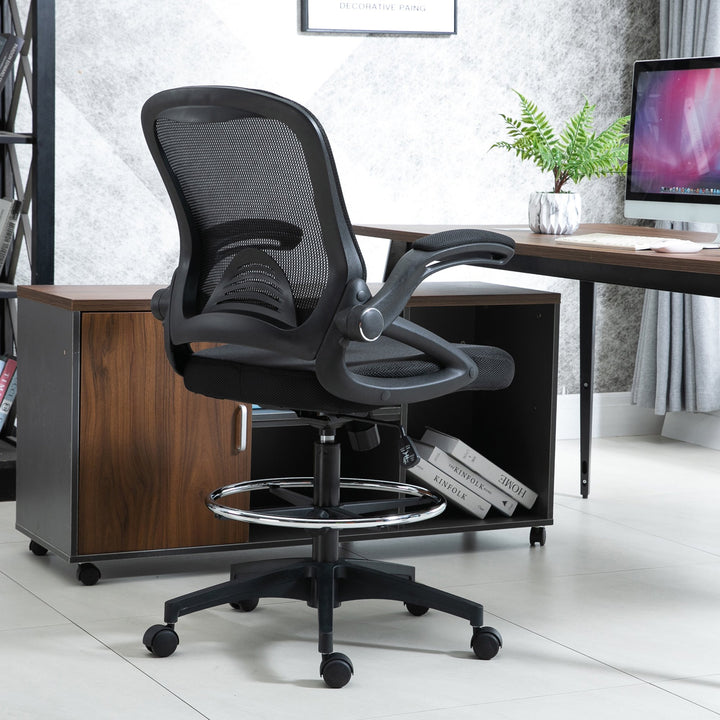 Adjustable Padded Mesh Back Tall Stand-Up Drafting Office Task Chair w/ Arm & Foot Rest - Black