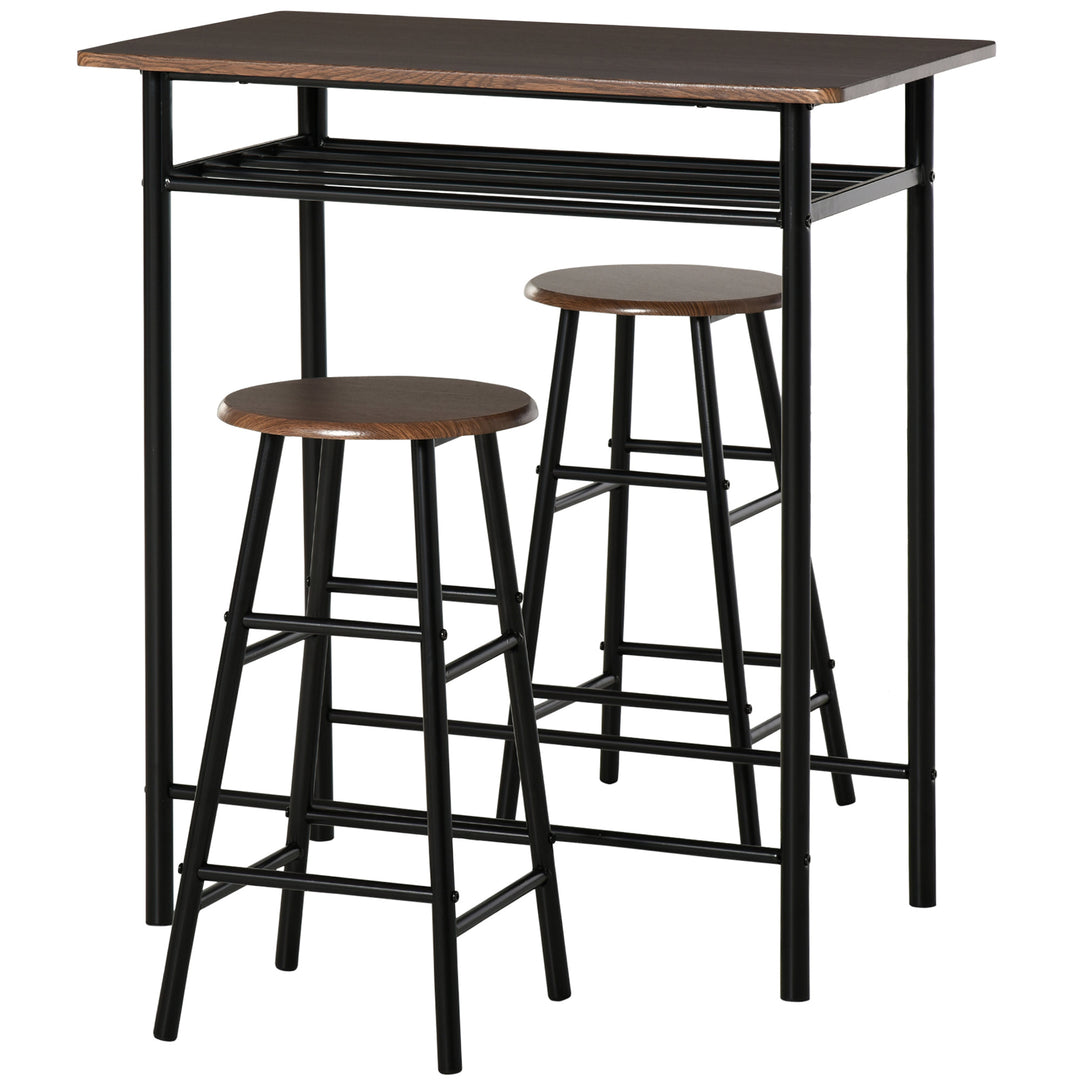 3pc Industrial Compact Pub Table Stool Set for Kitchen Dining Room Bar w/ Storage - Black Brown