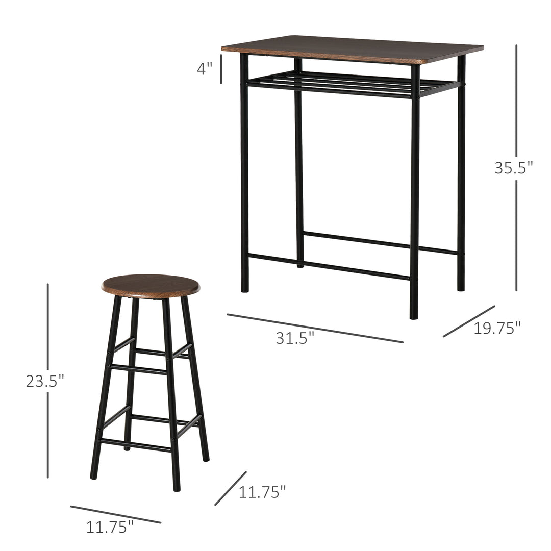 3pc Industrial Compact Pub Table Stool Set for Kitchen Dining Room Bar w/ Storage - Black Brown