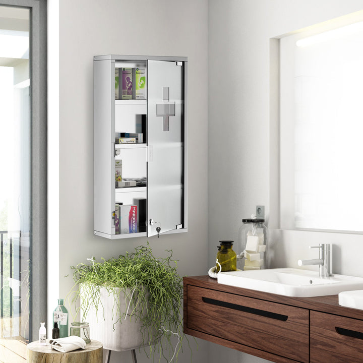 Lockable Medicine Cabinet w/ Frosted Tempered Glass Door - Stainless Steel