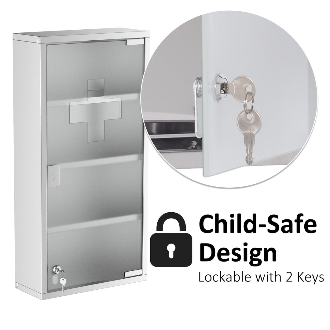 Lockable Medicine Cabinet w/ Frosted Tempered Glass Door - Stainless Steel