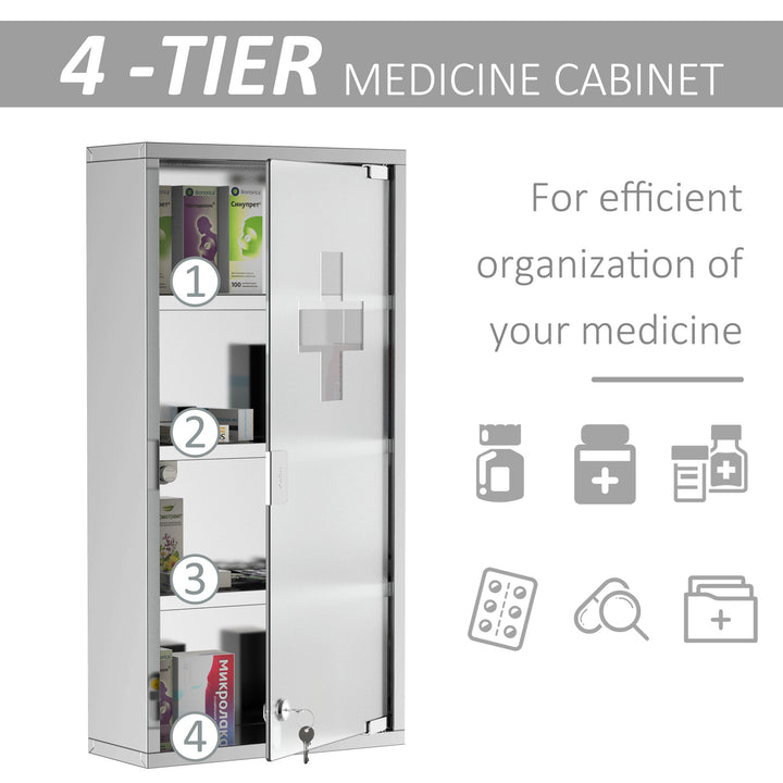 Lockable Medicine Cabinet w/ Frosted Tempered Glass Door - Stainless Steel