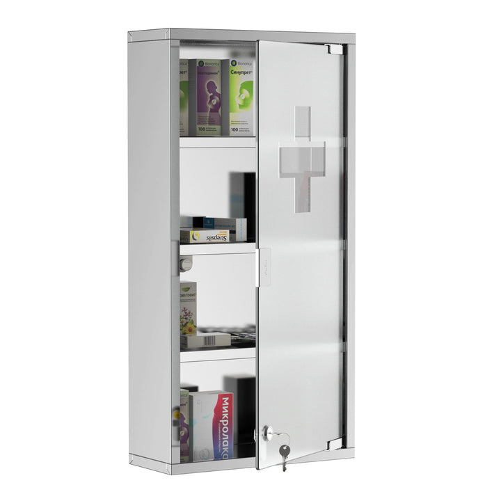 Lockable Medicine Cabinet w/ Frosted Tempered Glass Door - Stainless Steel