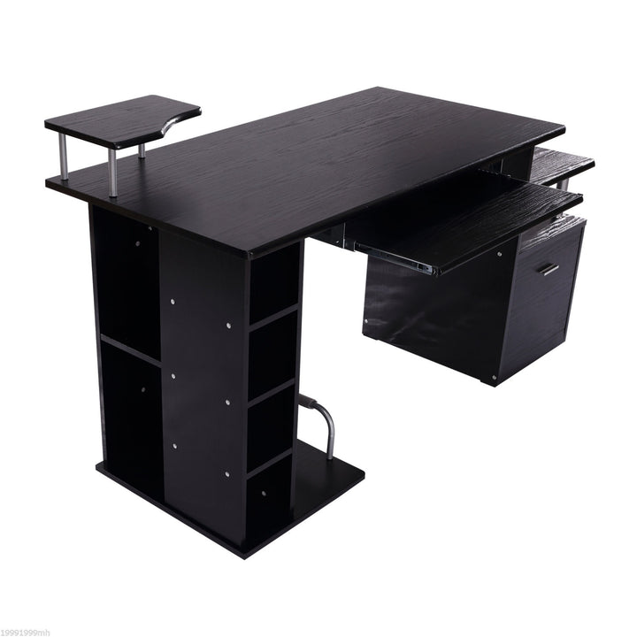 Storage Office Desk w/ Shelving - Black Wood Grain