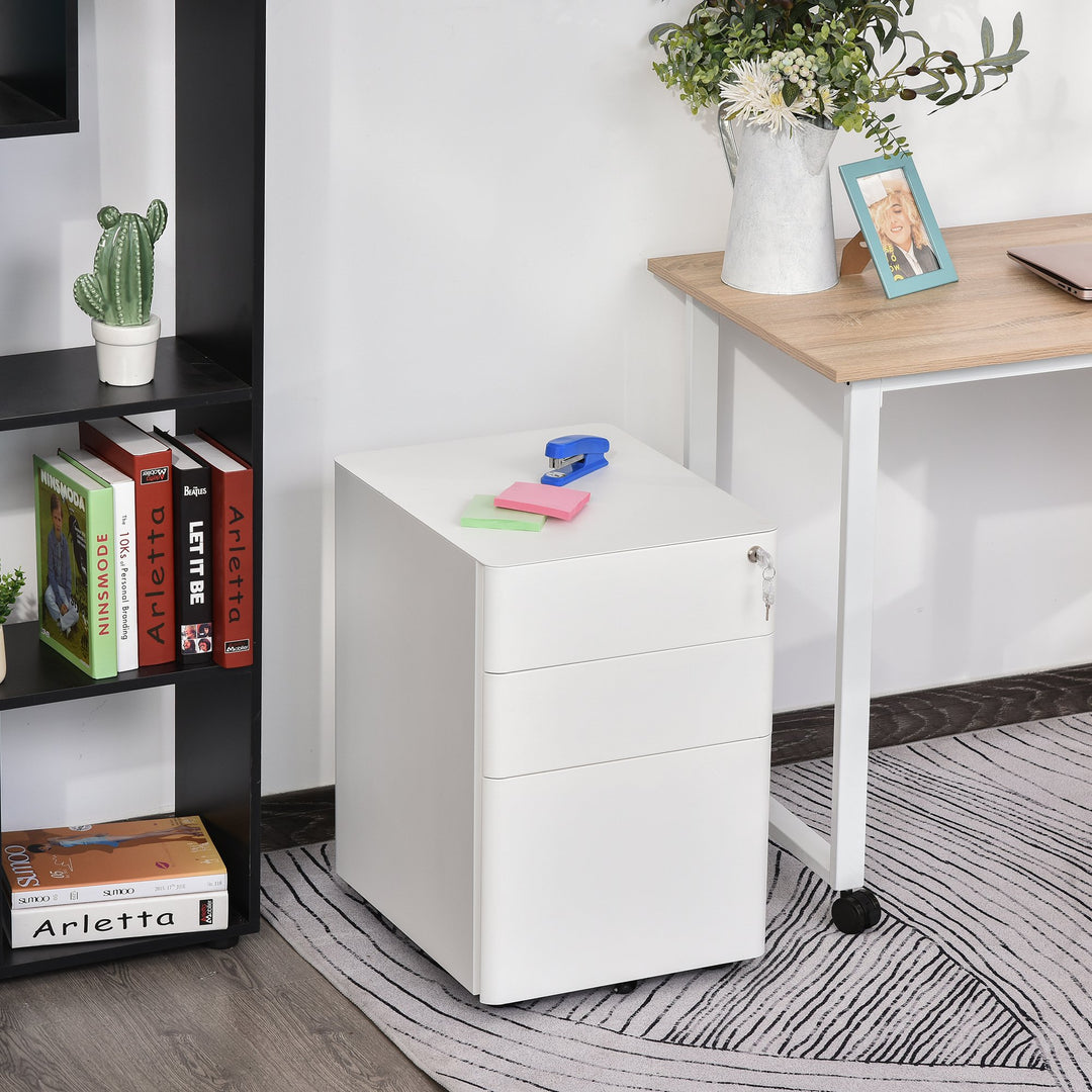 Modern 3-Drawer Lockable Under Desk Filing Storage Cabinet on Castors for Home Office - White
