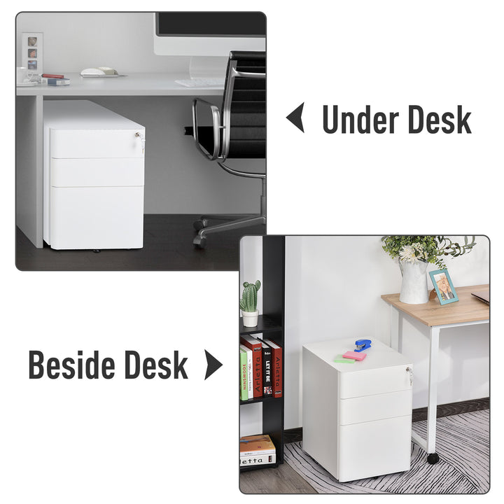 Modern 3-Drawer Lockable Under Desk Filing Storage Cabinet on Castors for Home Office - White
