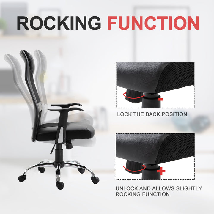 High Back Mesh Faux Leather Office Chair with Headrest and Lumbar Support - Black