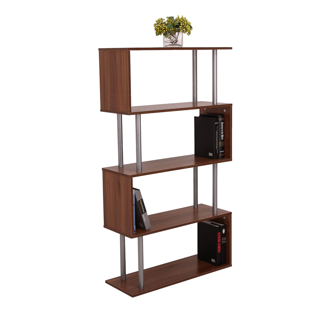 Modern 4-Tier S-Shaped Bookcase - Brown
