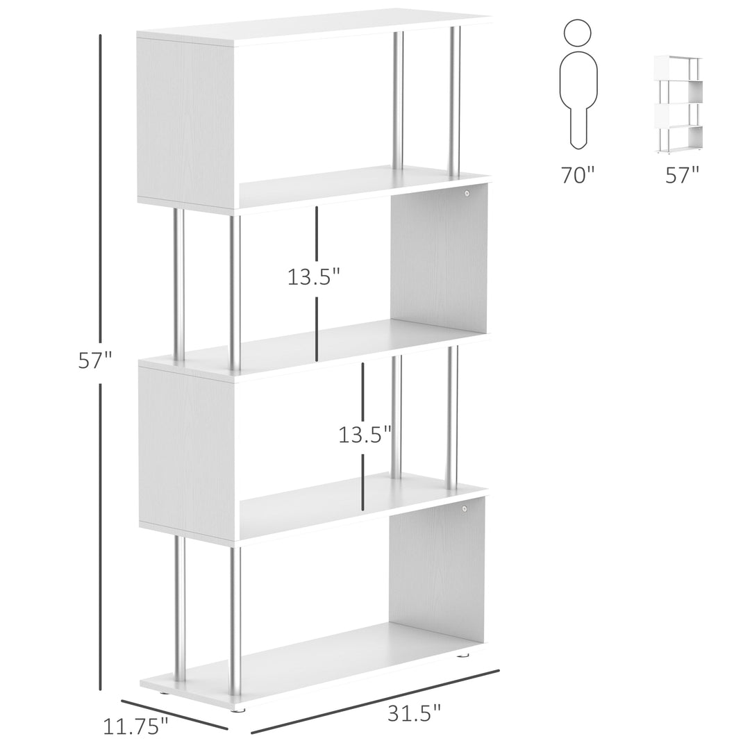 Modern 4-Tier S-Shaped Bookcase - White