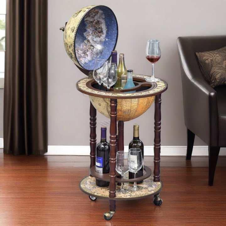 Globe Wine Bar w/ Wheels - Beige and Brown