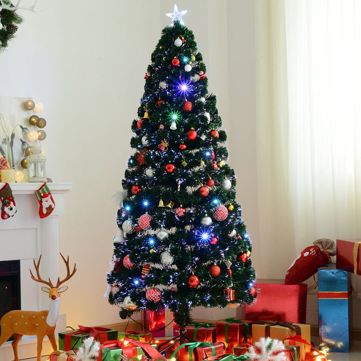 6ft Artificial Christmas Winter Holiday Tree w/ Fiber Optic LEDs, Star, Metal Base - Green