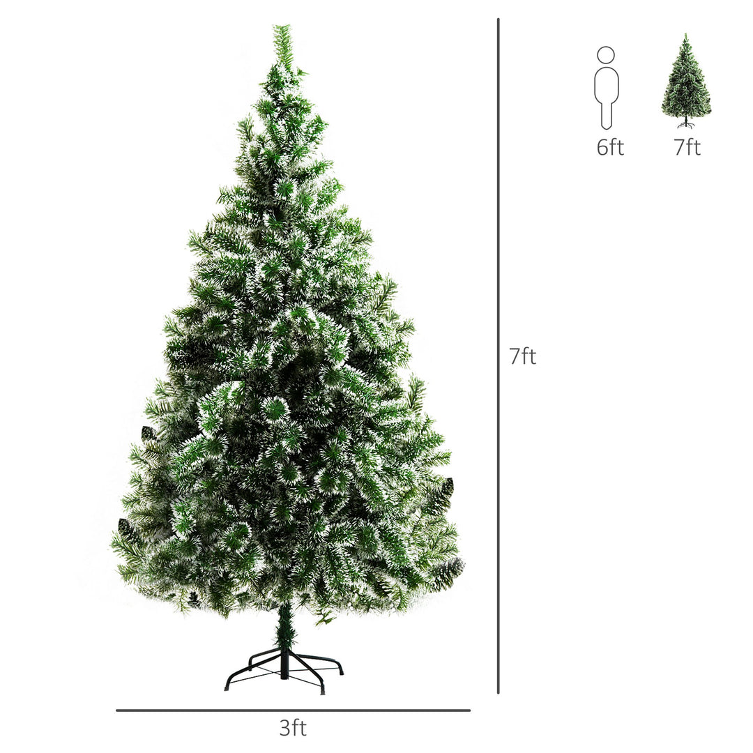 7ft 968-Tip Artificial Pine Christmas Holiday Tree w Snow Accent, Metal Base Xmas Decor - Green