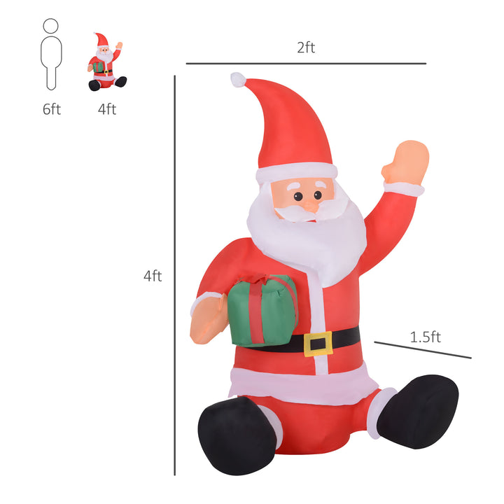 4ft Inflatable Holiday Christmas Decoration w Lights, Indoor Outdoor, Waving Santa Claus w Gift